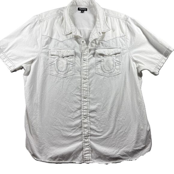 True Religion Men Pearl Snap Shirt Western Boho Short Sleeve White 3XL F169 - Picture 1 of 13